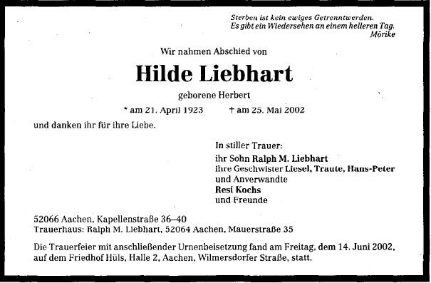 Herbert Hilde 1923-2002 Todesanzeige